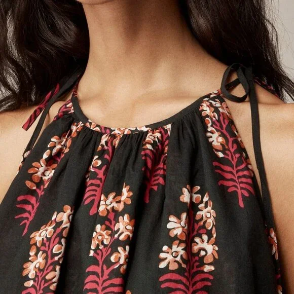 J.Crew Tie-Shoulder Tank Top in Cocoa Block-Print Cotton Voile – Black Floral - Picture 2 of 4
